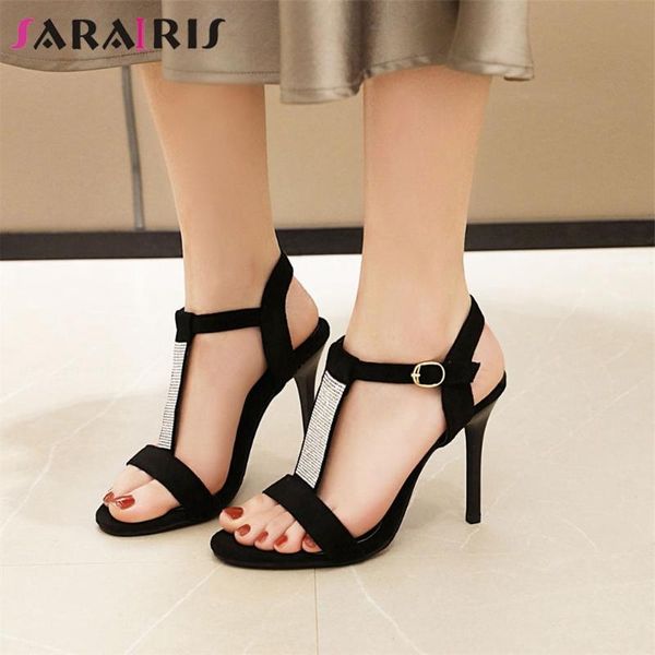 

sarairis elegant solid color date sandals new ins style crystal sandals women thin high heels party shoes woman, Black