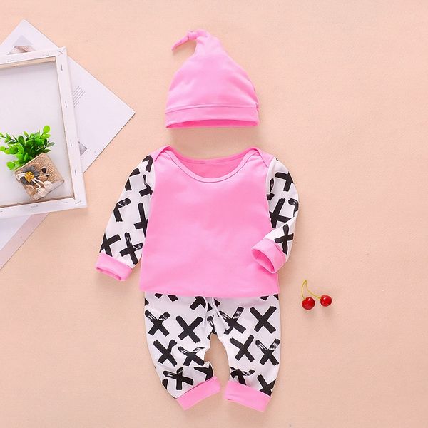 

новорожденного девушка одежды набор 3 шт хлопок лоскутное печать с длинным рукавом + брюки + твердый hat baby boy одежда зима 0-18m, White