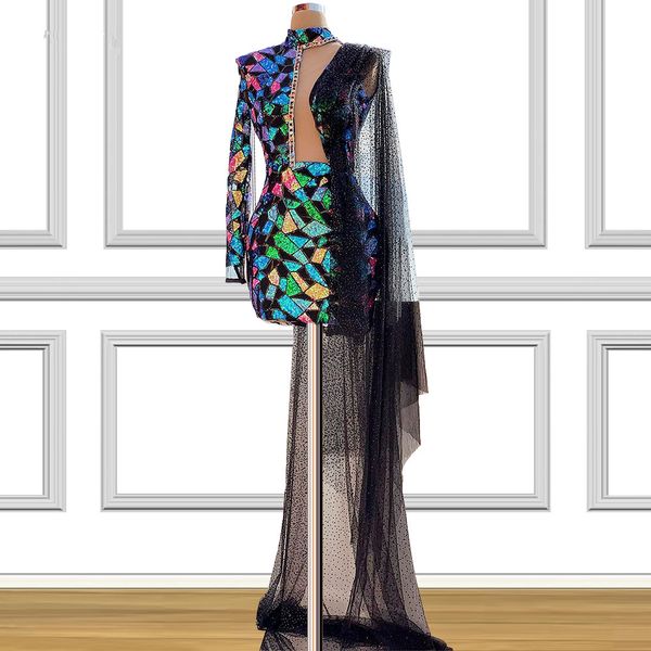 

new dubai multi colors mini prom dresses mermaid long sleeves cocktail party dresses for women gowns, Black