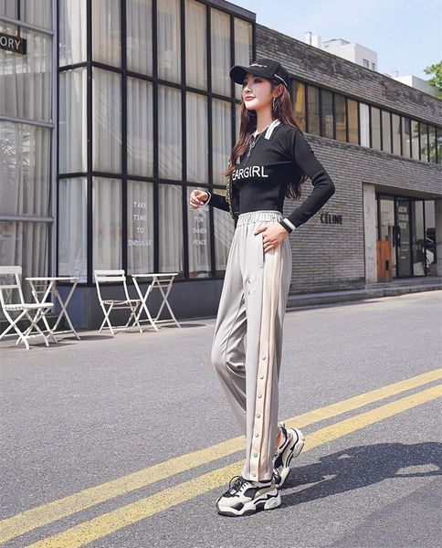 

мода женские брюки новое прибытие split wide leg длинные брюки для женщин вскользь streetwear спорт свободные брюки размер s-xl, Black;white