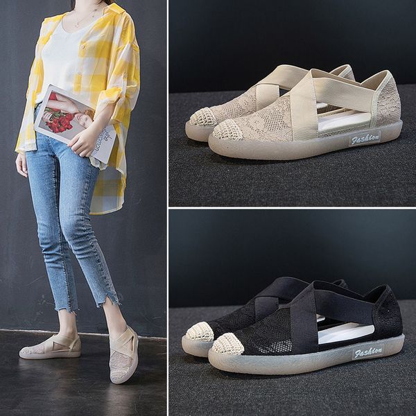 

creepers lace floral patchwork knitted fishermans shoes soft bottom espadrilles breath elastic band hollow out flat shoes women, Black