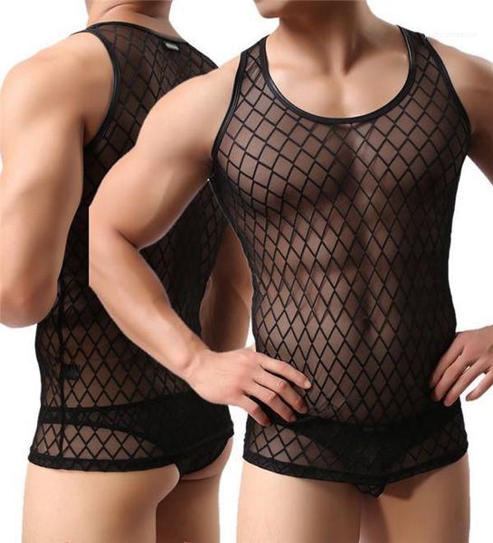 

vest designer see thought leggings underwear males hollow out solid color tank mens grid black, White;black