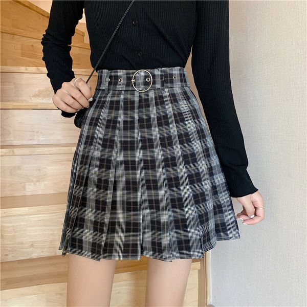 

cbafu plaid pleated short mini skirt autumn winter women skirt with belt grunge gothic streetwear high waist harajuku f847, Black