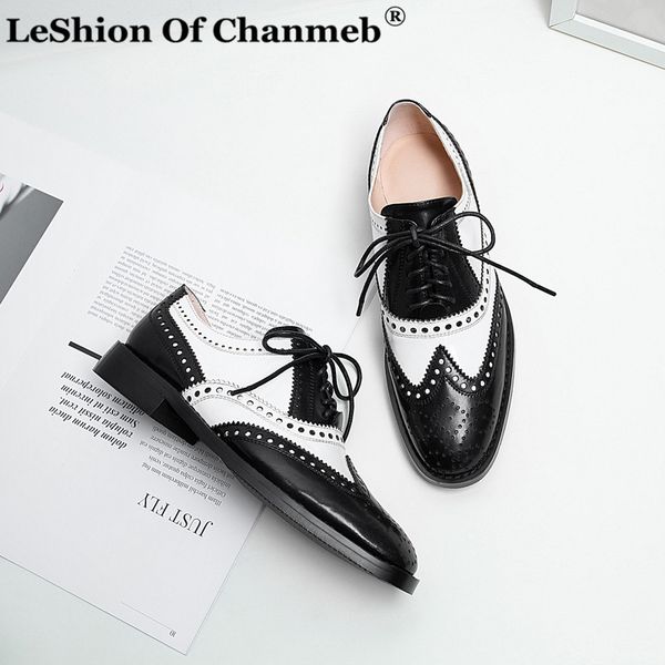 

natural cow leather brogue shoes women lace up leather flats casual shoes woman cut out brogues student girl's size 34-42, Black