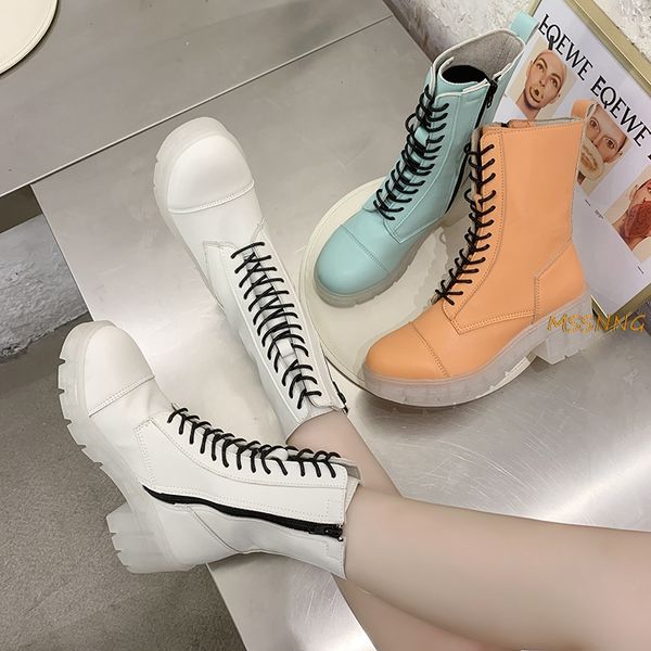 

boots 2021 winter women's fashion candy color square heel ladies shoes mid calf lace up round toe motorcycle, Black