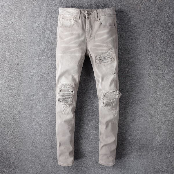 

mens designer jeans fashion street style thin section ripped holes tassel pants long trousers designer stylish pants, Blue