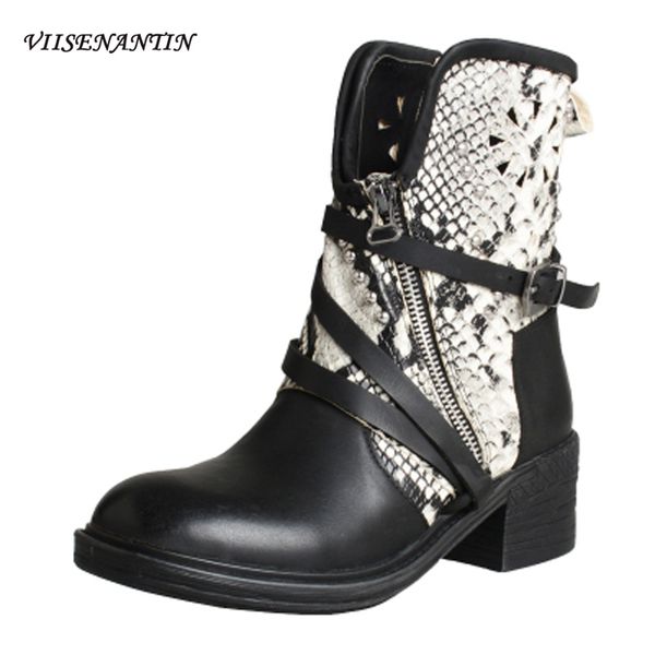 

thick-soled boots short tube motorcycle boots thick heel 2020 leather color matching rivet rider, Black