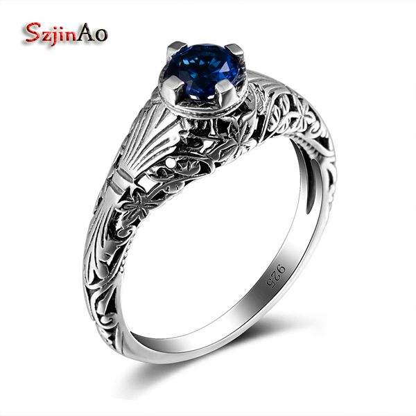 

szjinao charming blue sapphrie ring vintage druzy wedding engagement jewelry solid 925 sterling silver brand women accessories, Golden;silver