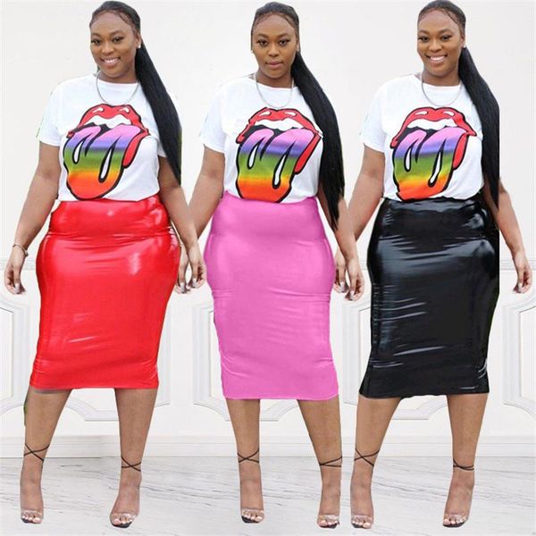 

2pcs dresses short sleeve womens pu skirt two piece set casual female clothing colorful lips womens, White