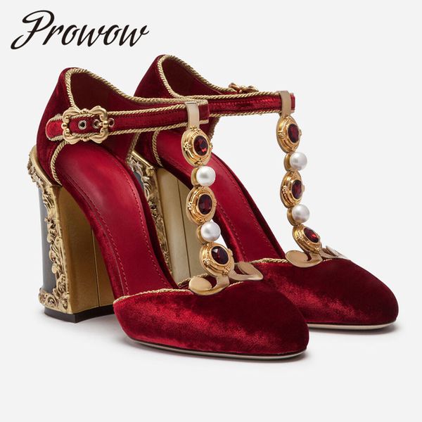 

new velvet red wine pearl beading t strap high heel pumps caged heel mary jane pumps shoes women, Black