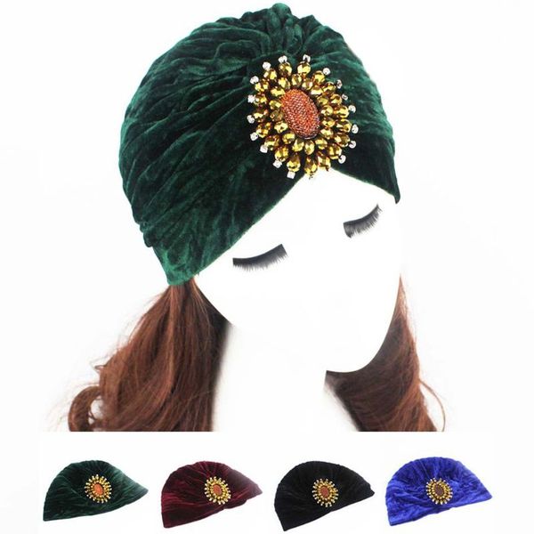 

stylish women turban hat head wrap lady female casual outdoor pleated velvet hair cover beanie sleeping cap with brooch, Blue;gray