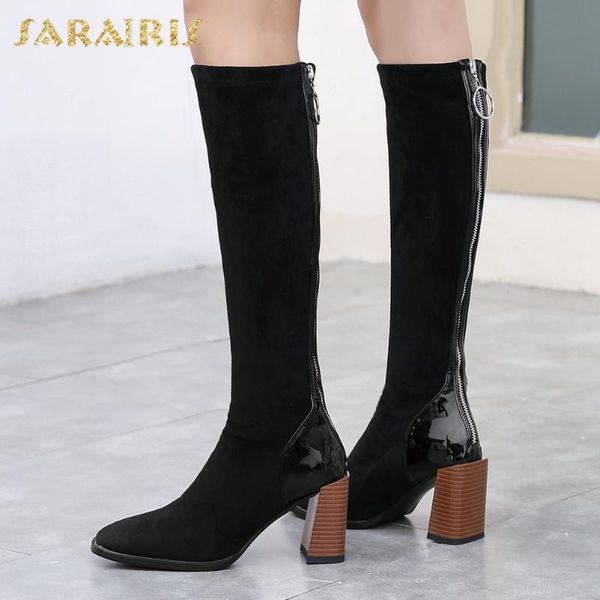 

brand new big size 43 fashion square high heels knee high elastic winter boots women shoes female, Black