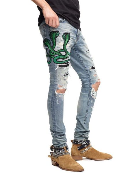 

2020 designer mens ripped biker jeans moto denim joggers for male hole zipper casual classic hip hop ripped snake jeans, Blue