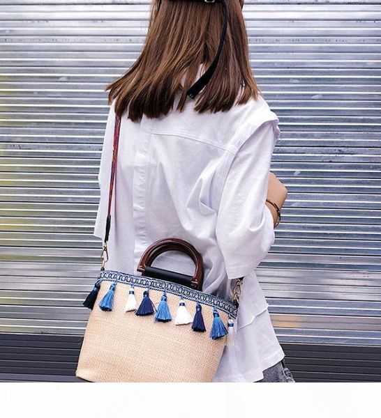 

2020 newset beach straw bag ethnic style ribbon tassel beach bag stitching contrast color female bag