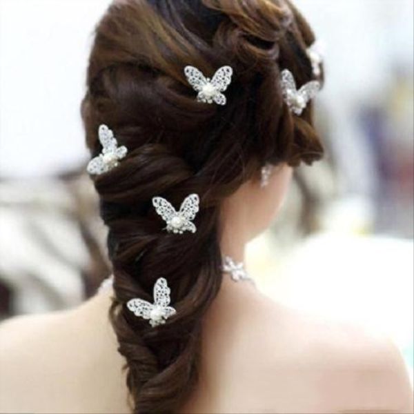 

pearl wedding hair crystal jewelry silver flower butterfly artificial women pin rhinestone hairpins clips sports2005 bxyif, Golden;silver