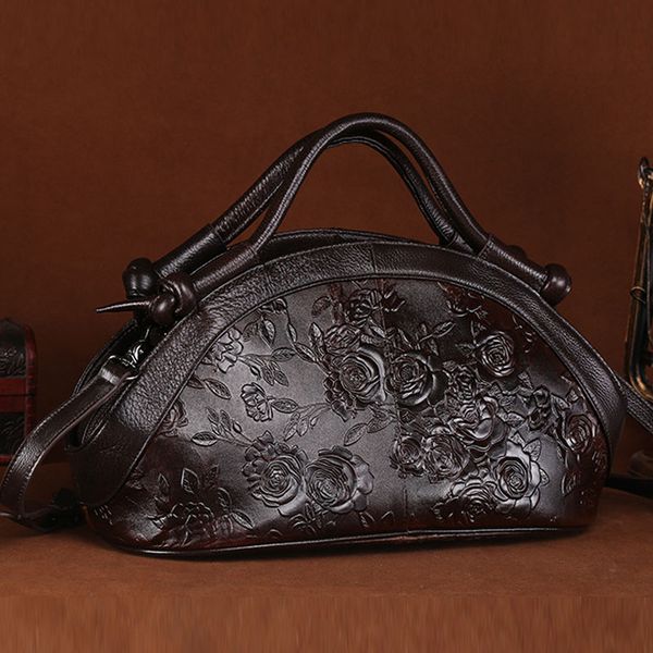 

retro women oil wax cowhide crossbody tote bag embossed leather rose pattern tote bag women shoulder messenger bags handbags