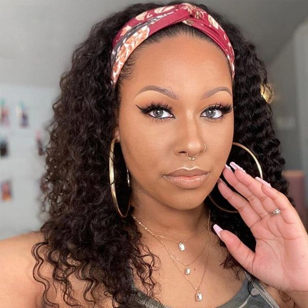 

kinky curly human hair headband wig brazilian headband human hair wigs for black women remy full machine made wig 150%, Black;brown