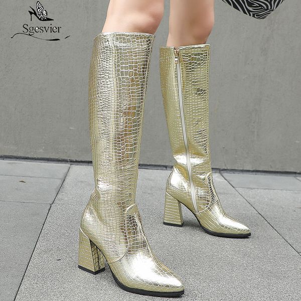 

sgesvier 2020 knee high boots women stone pattern pointed toe zip thick heel party prom shoes ladies autumn winter boots, Black