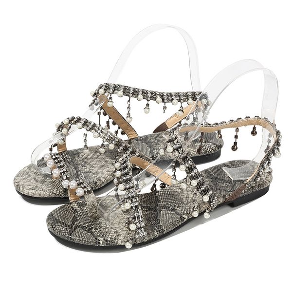

round explosion style snake print pearl sandals flat heel flip flops snakeskin woman shoe sandal bohemian sandal fashion casual, Black