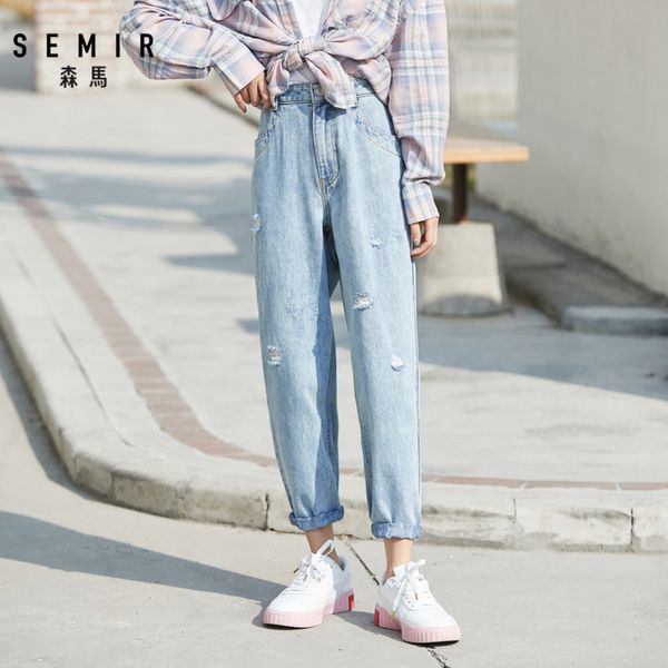 

semir jeans women spring 2020 new slim self-cultivation thin high waist small feet ninth pants personality edge pants, Blue