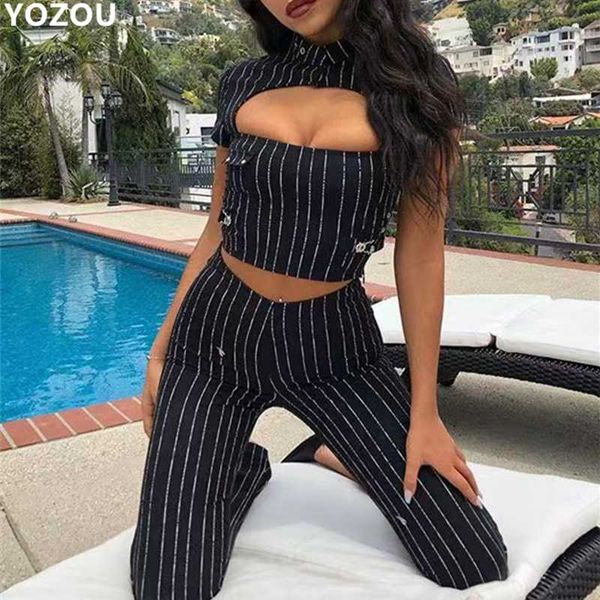 

summer striped women set 2 pieces set crop and long pants 2020 new iamgia elegant sets summer clothes for women, Gray