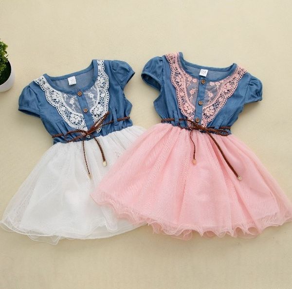 

girl's 2020 princess dress korean style summer children's denim button mesh children's western style princess dress 1estn, Black;gray