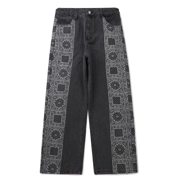 

men's jeans hip hop patchwork side pattern print denim casual streetwear harajuku straight pant man oversized jogger men trousers 2021, Blue