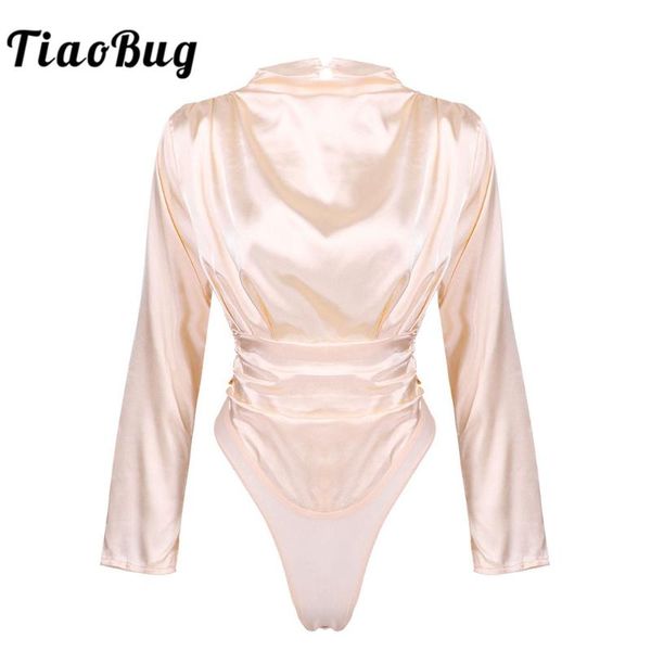 

women's jumpsuits & rompers elegant women silky satin solid color high neck long sleeves bodysuit fashion jumpsuit leotard casual rompe, Black;white