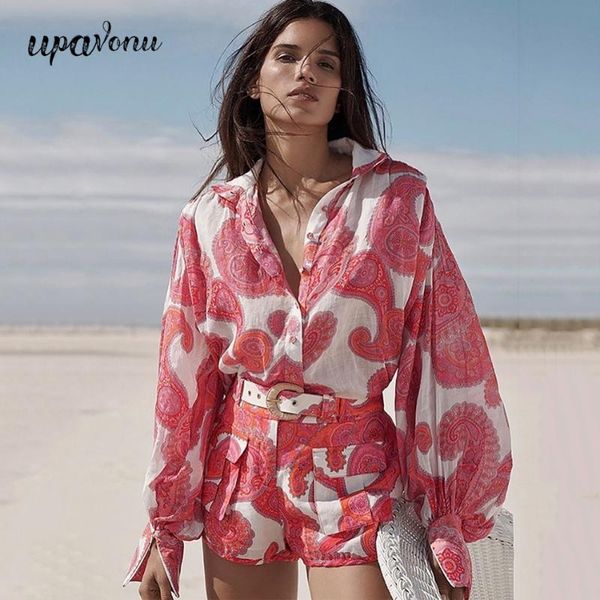 

2020 casual retro print holiday set 2 piece women's fashion lapel lantern sleeve shirt & high waist belt shorts women's club set, Gray