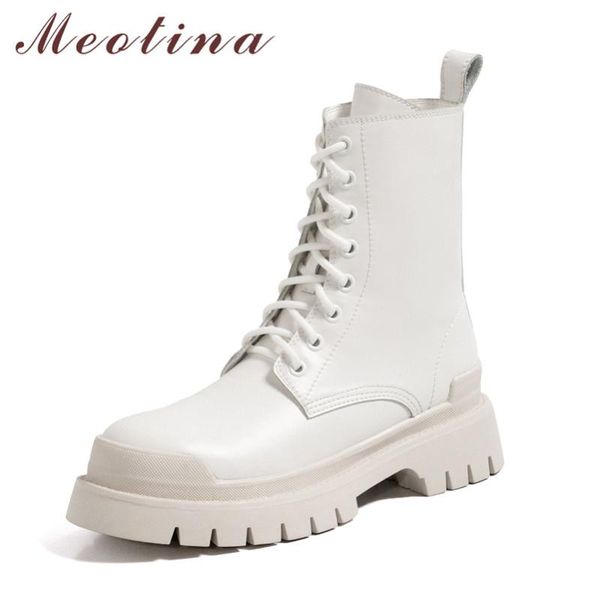 

meotina women motorcycle boots shoes genuine leather platform flats ankle boots cross tied punk short lady autumn black 40
