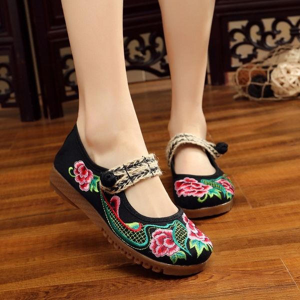 

fashion national style handmade female ballet flats old beijing chinese traditional ladies embroidered cloth single shoes women, Black