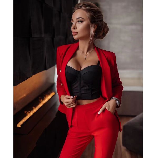 

Drop Ship Pink Red Pants Suit Women Business Classic Gold Double Breasted Button Blazer Pants Two Piece Sets Formal Blazer Suits