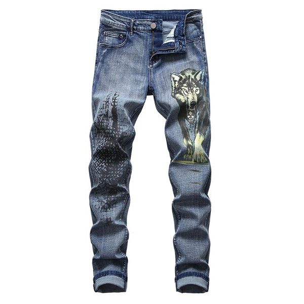 

sokotoo men's wolf printed jeans fashion slim fit beast painted stretch denim pants plus big size trousers, Blue