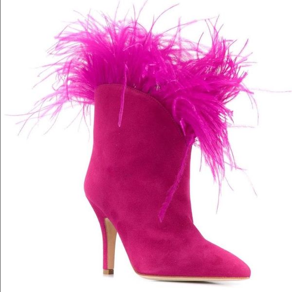 

size 34-44 boots women 2020 high heels feather botas mujer ankle boots for women autumn botas feminina slip on zapatos de mujer, Black