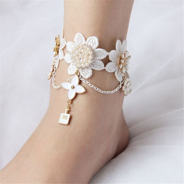 

anklets for women barefoot lace flower with chain sandals ankle bracelet feet wedding accessories stock ing, White