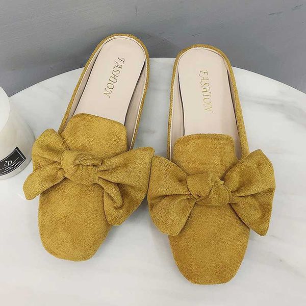 

2020 summer bow flat slippers women mules fashion designer slides women shoes black yellow khaki casual slippers plus size 35-43