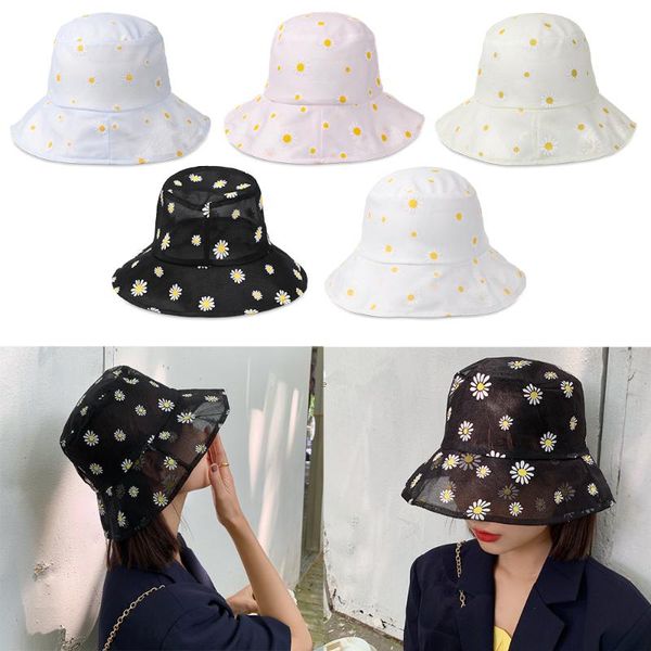 

1pc fashion daisies embroidered buckets hat transparent lace flower beach hats outdoor summer sunscreen fisherman cap for women, Blue;gray