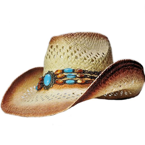 

luckylianji women's men's unisex's hard raffia hollow wide brim sun beach cowboy hat turquoise vintage hat band (on size 58cm, Blue;gray