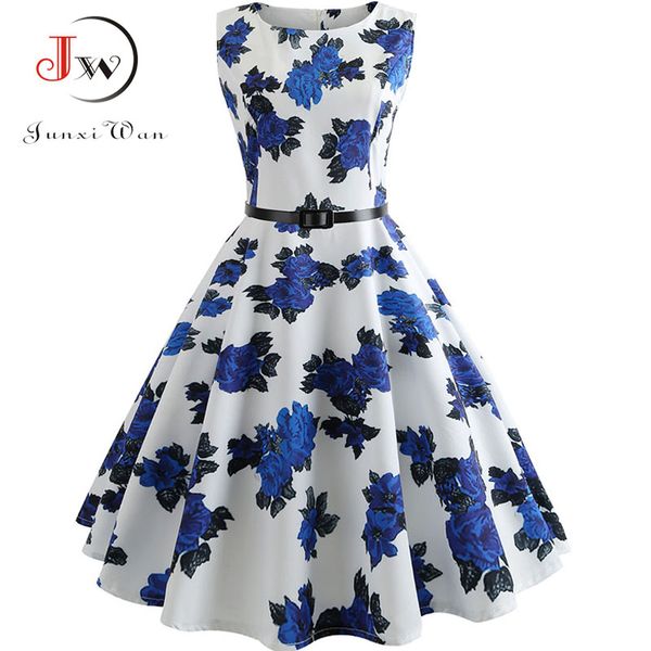 

plus size elegant floral print vintage dress women summer sleeveless high waist dresses belt swing party robe feminino vestidos, Black;gray