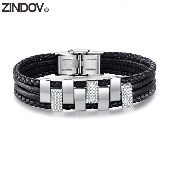 

zindov women bracelet leather black crystals girls fashion jewelry stainless steel braided leather bracelet ladies, Golden;silver