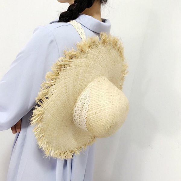 

handmade weave large wide brim raffia panama beach straw hat women white black ribbon tie straw sun hat summer cap, Blue;gray