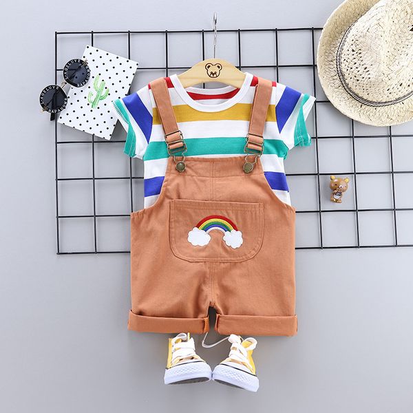 

boy clothes summer two-piece female overalls striped short-sleeved t-shirt cartoon printing cotton baby suit y200803, White