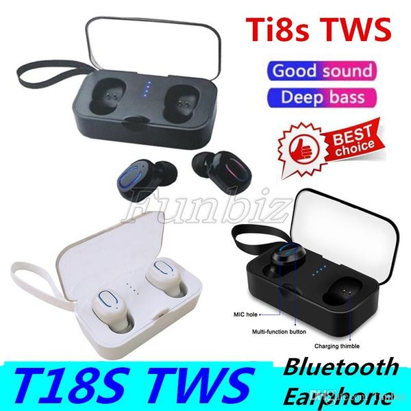 T18S Bluetooth Earphones TWS Ti8S Wireless Headphones In-Ear Handsfree Sports baixo Earbuds com microfone carregamento Box Para Smartphones