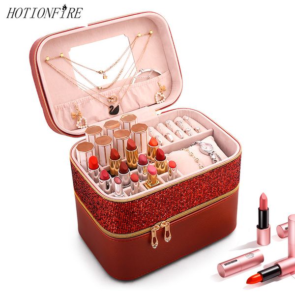 

women cosmetic case portable large capacity lipstick necklace storage box waterproof lovely new travel make up bag professional