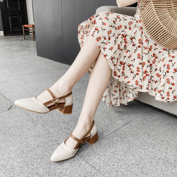 

2020 pointed toe pumps women chunky heels shoes narrow band slip on slides fashion med heel shoes big size 34-41 zapatos mujer, Black