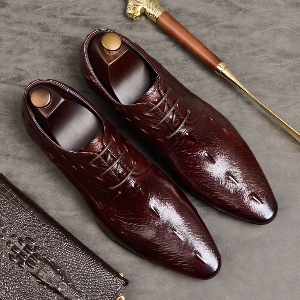 

great2020 large size lace-up formal wear pointed crocodile leather men's business casual shoes, Black
