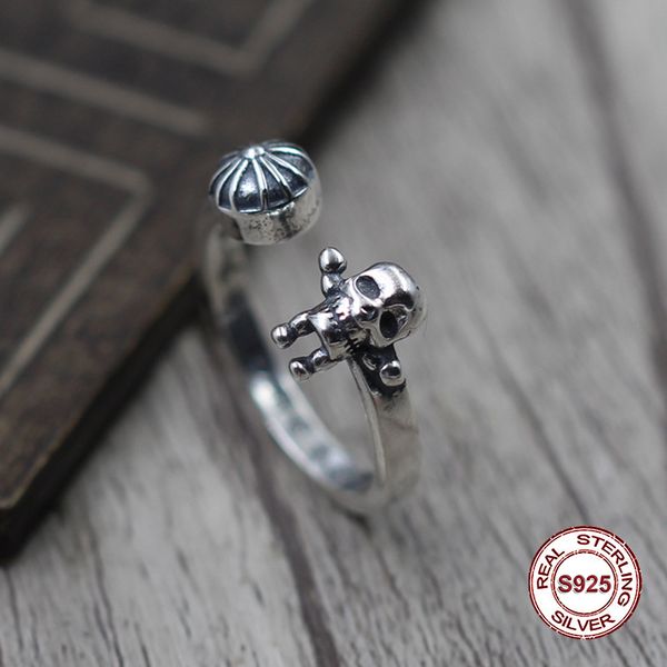 

s925 men's sterling silver rings personality retro classic punk style fine side skull head open ring send a gift to love
