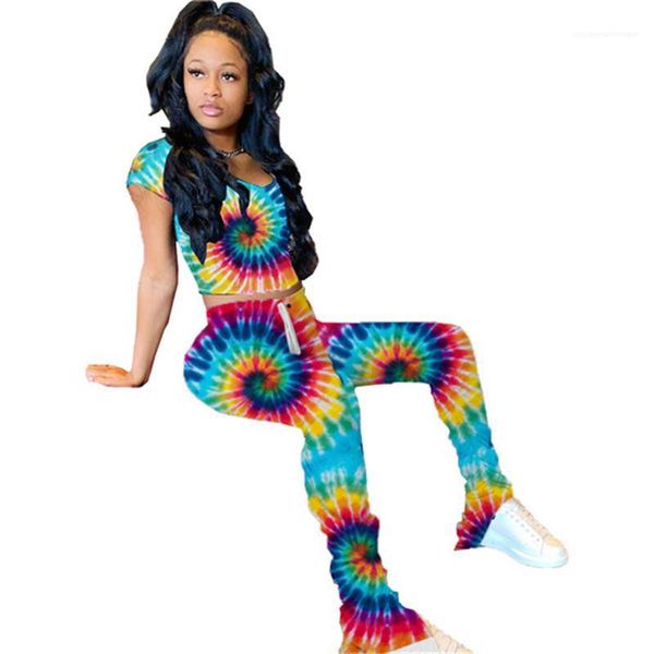 

piece pants womens designer tie dyed tracksuits 2pcs long stacked pants clothing sets women high waist two, White