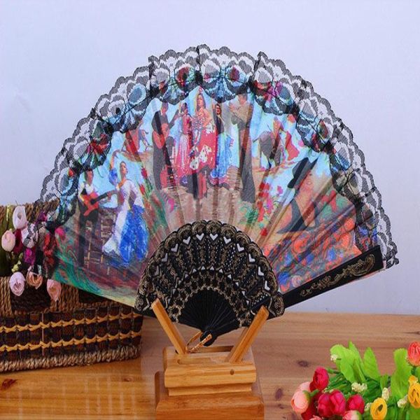 

9" pieces character folding random dancing of fan pattern color size party fan hand spanish pack 60 style fabric landscape home003 npio