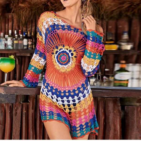 

summer knit beach dress rainbow printed bikini cover up tunic 2020 hollow out women swimwear beachwear sunscreen beach pareo, White;black
